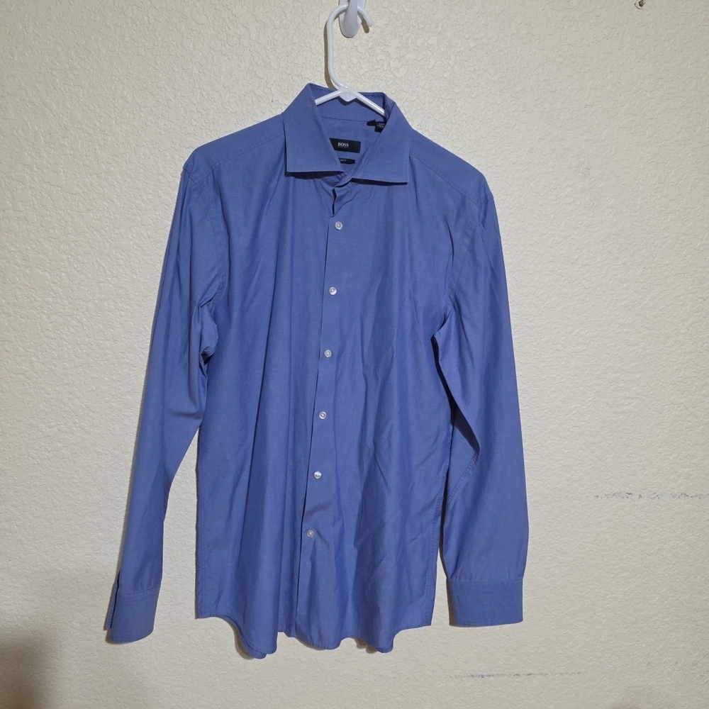 Hugo Boss Men’s Size 16 1/2 (42) Solid Blue Cotton Long Sleeve Dress Shirt